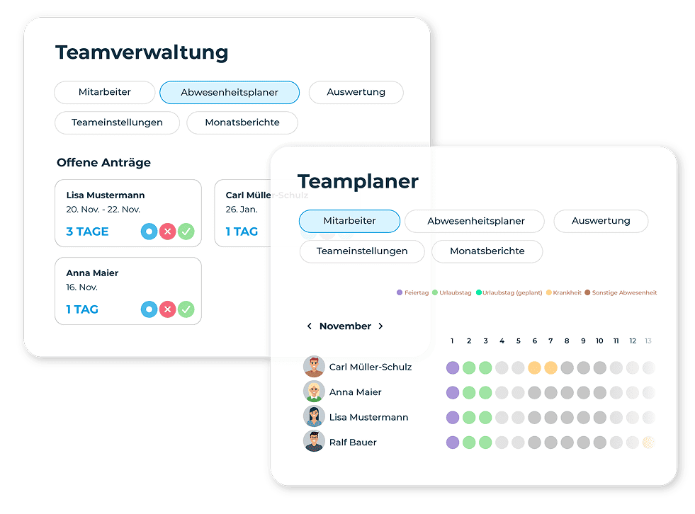 Darstellung Teamverwaltung & Abwesenheitsplaner